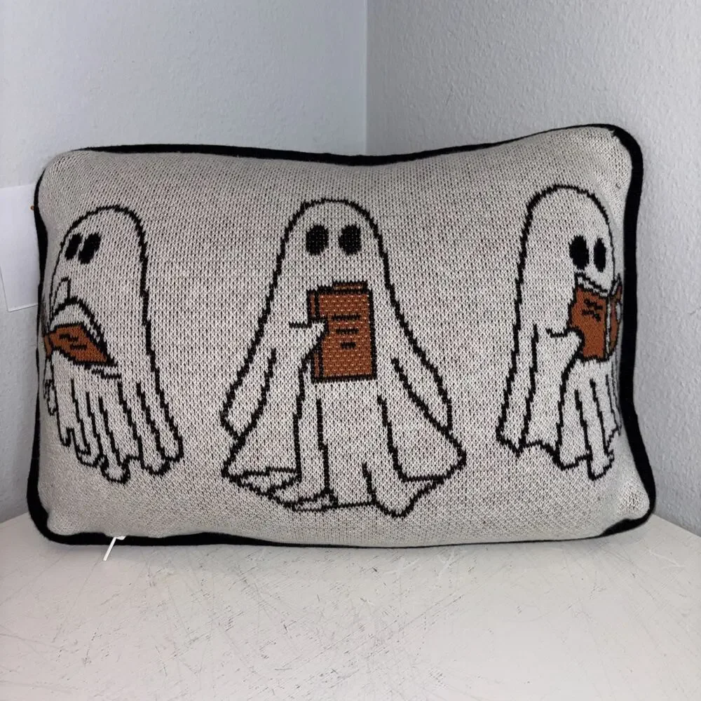 Gousligh Ghost Reading Books Throw Pillow Accent Halloween Knit VIRAL NEW